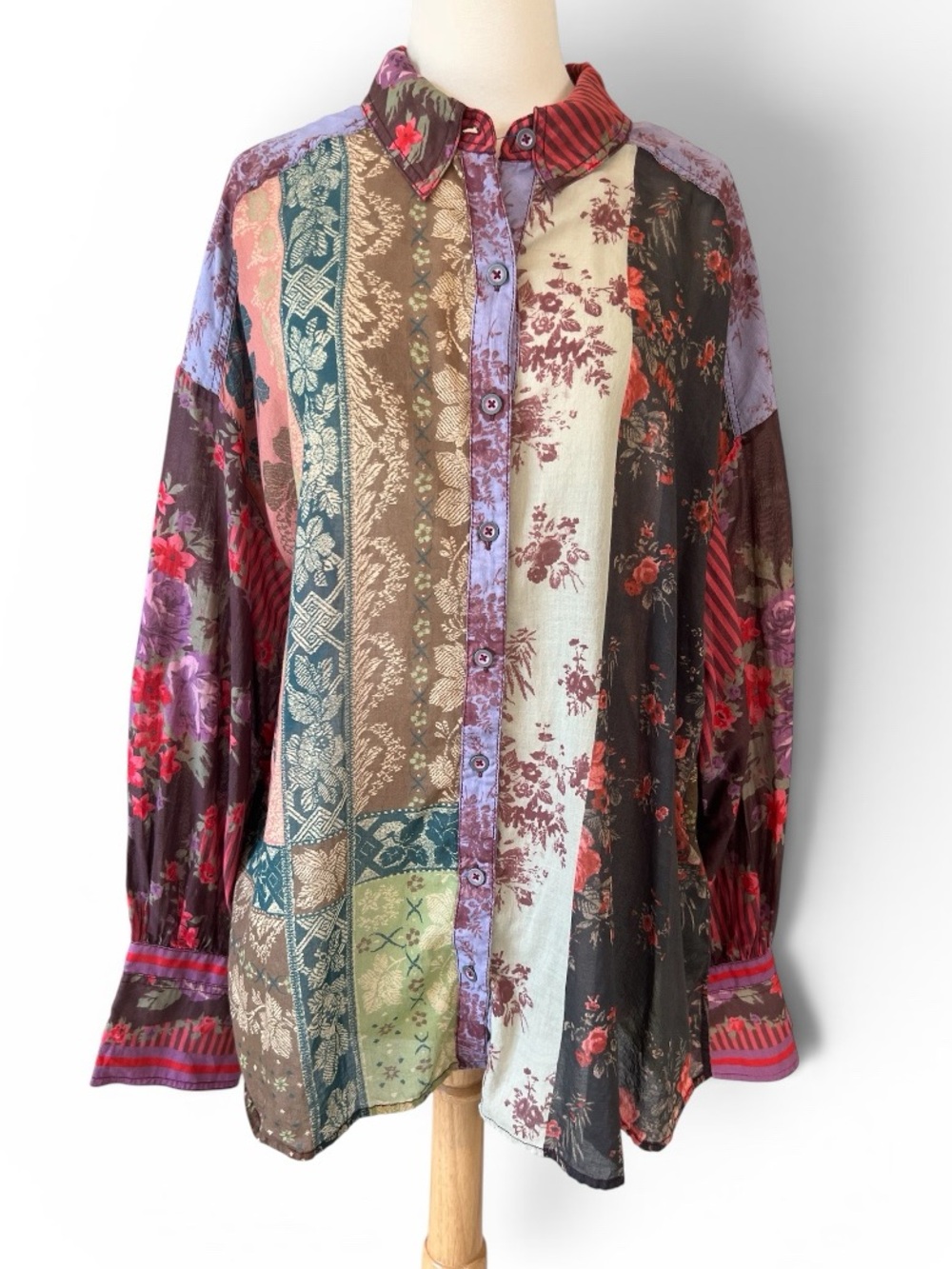 Free People Flower Patch Mixed Media Patchwork Button Down Floral Top Blouse XL - Picture 11 of 11